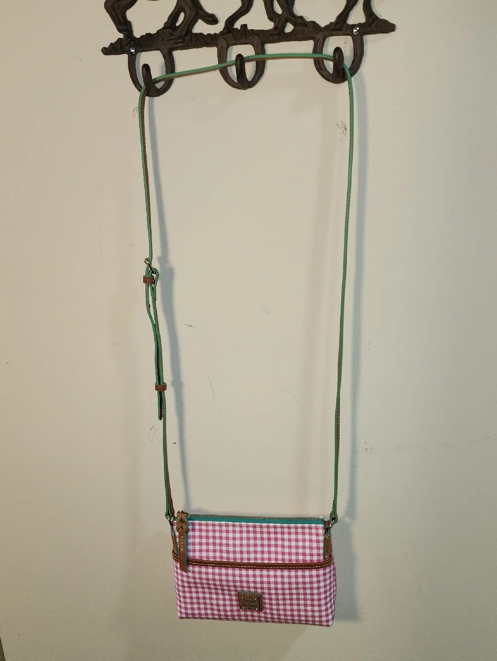 Dooney & Bourke Leather Picnic Pink Mint Gingham Crossbody Shoulder Bag Purse - Picture 3 of 12